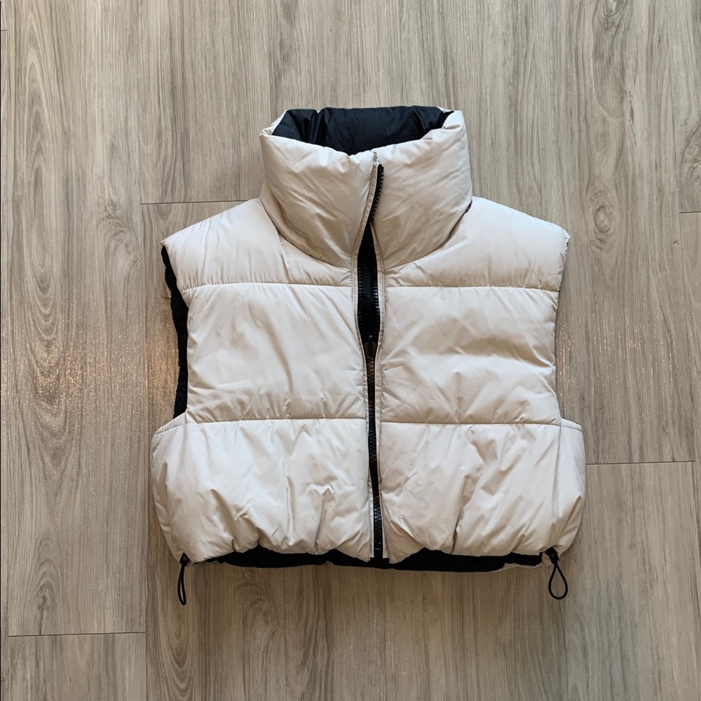 Zara Black and Cream Puffer Vest Funnel Neck